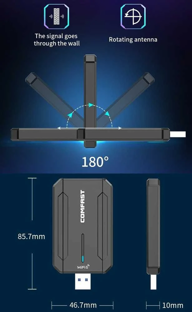 Maršrutizatorius Comfast WiFi-USB adapteris, 5374Mbps, 2,4GHz, 5GHz, 6GHz