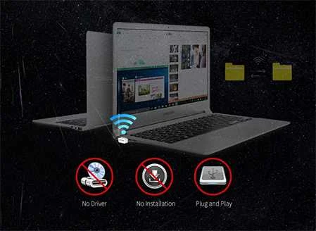 Comfast WiFi USB adapteris su diegimo piktogramomis