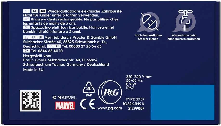 Oral-B iO Kids šepetėlio pakuotės techninių parametrų sritis
