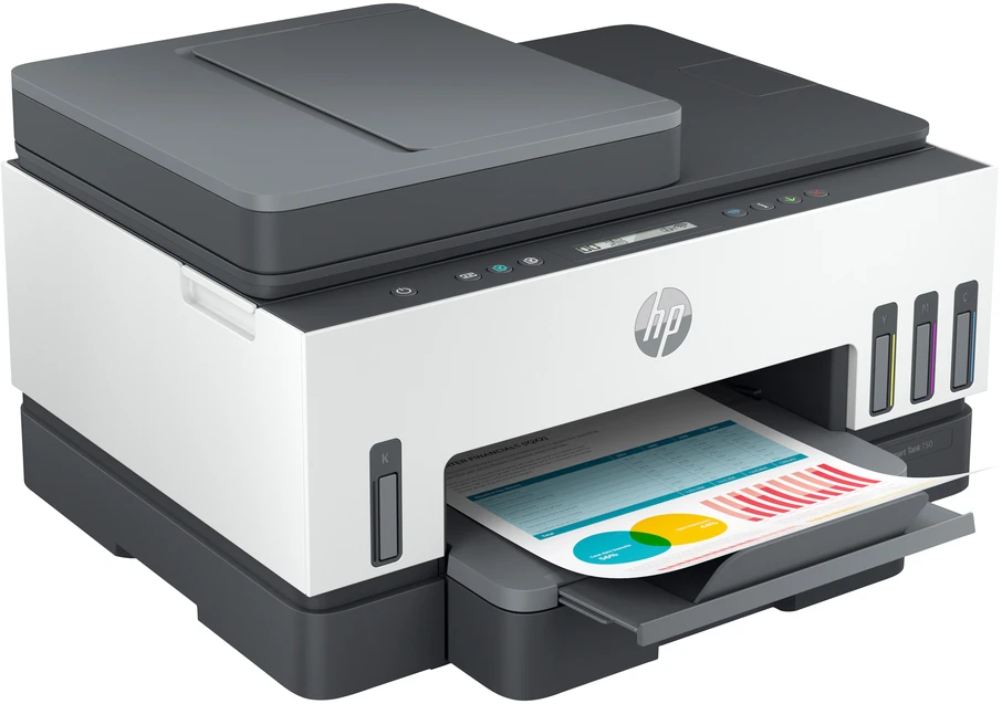 Hewlett Packard (HP) HP Smart Tank 750 AIO daugiafunkcis spausdintuvas Spausdintuvas - A4 spalvotas rašalinis, spausdinimas / kopijavimas / nuskaitymas, automatinis dvipusis spausdinimas, WiFi, 15 psl./min., 400–800 puslapių per mėnesį