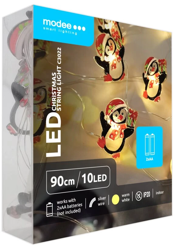 Dekoratyvinė LED Šviesa - Lampki Pingvinas BAT Modee 0.9m 10LED Šiltai Balti Pingvinai