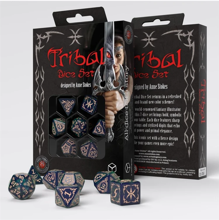 Tribal stalo RPG kauliukų rinkinys 7 vnt., žalsvai mėlyna/smėlio – Q-Workshop