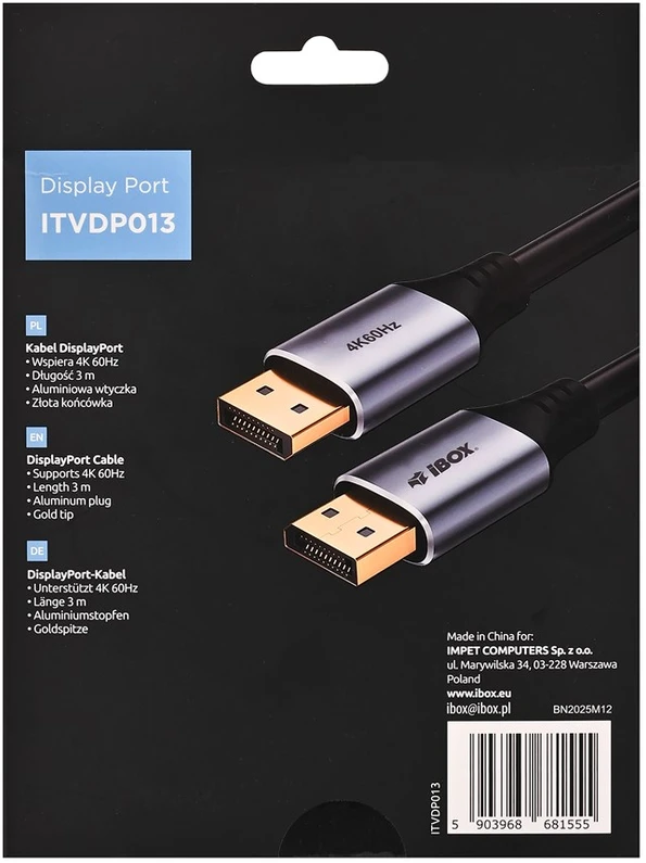 „iBox ITVDP013 DisplayPort“ kabelis 4K 60Hz auksinis kištukas 3 m