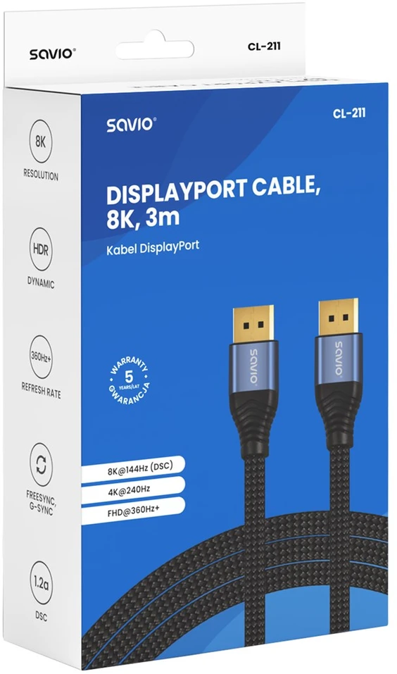 Savio CL-211 DisplayPort cable 3 m Juodas