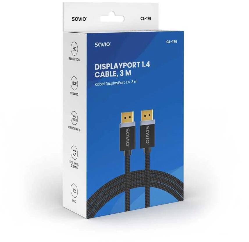 „DisplayPort Kabelis“ – SAVIO DisplayPort (M) V1.4, 3 m, CL-176