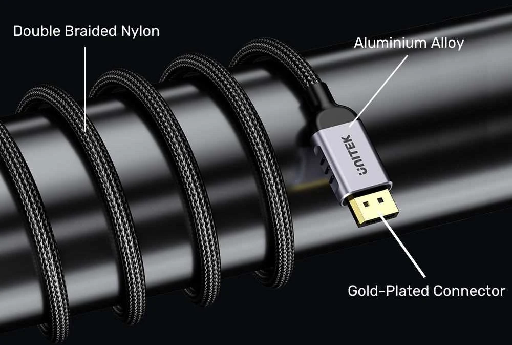 Unitek DisplayPort kabelis: nailoninė pynė ir aliuminio jungtys