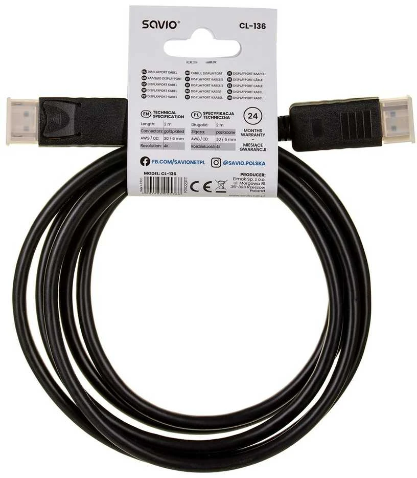 Savio CL-136 DisplayPort cable 2 m Juodas