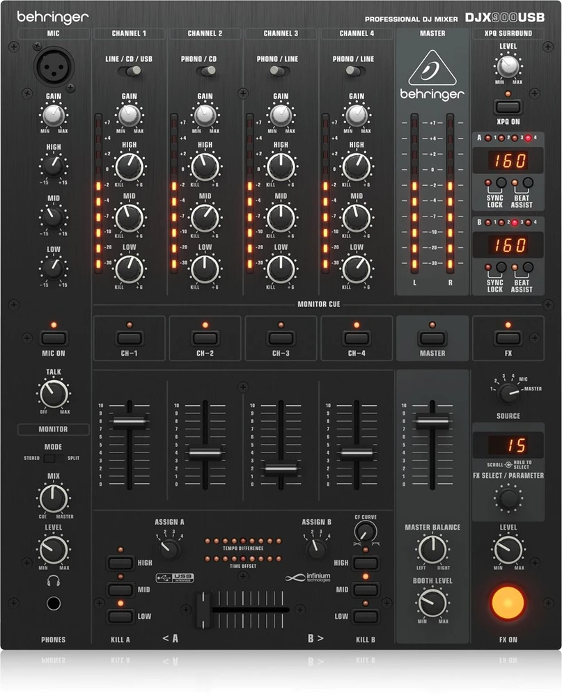 „Behringer DJX900USB“ – profesionalus 5 kanalų DJ maišytuvas su INFINIUM bekontaktiu VCA kryžminiu faderiu, pažangiais skaitmeniniais efektais ir USB/garso sąsaja
