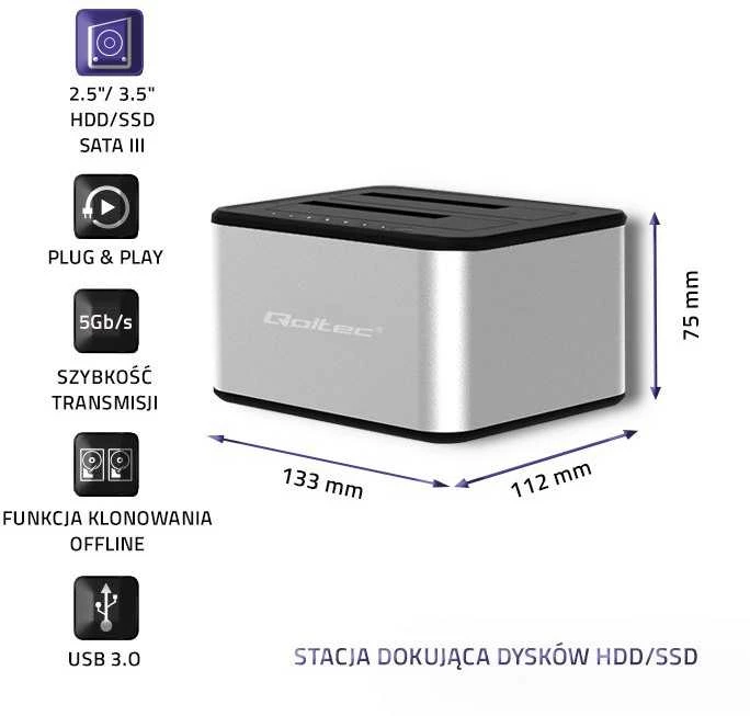 QOLTEC 50316 2x HDD / SSD prijungimo stotelė 2,5 / 3,5 colio SATA USB 3.0 klonavimas