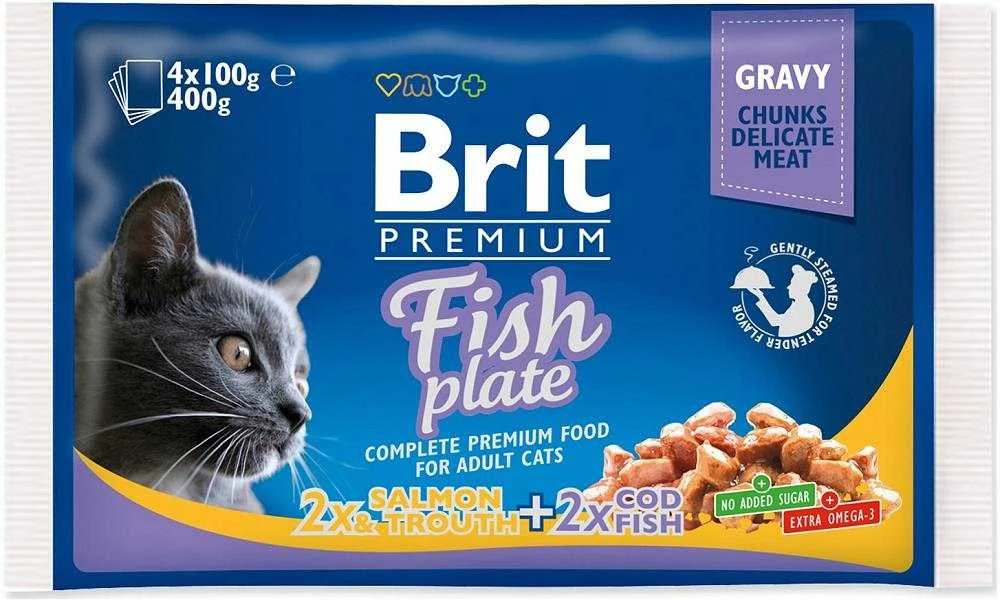 Drėgnas Kačių Maistas - BRIT Premium Cat žuvis Plate, 4x100g