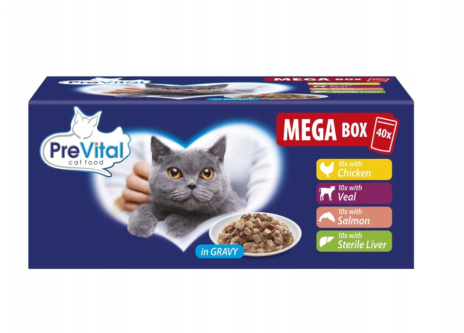 PREVITAL Mega Box Veal, lašiša, liver, vištiena - wet cat food - 40X100g
