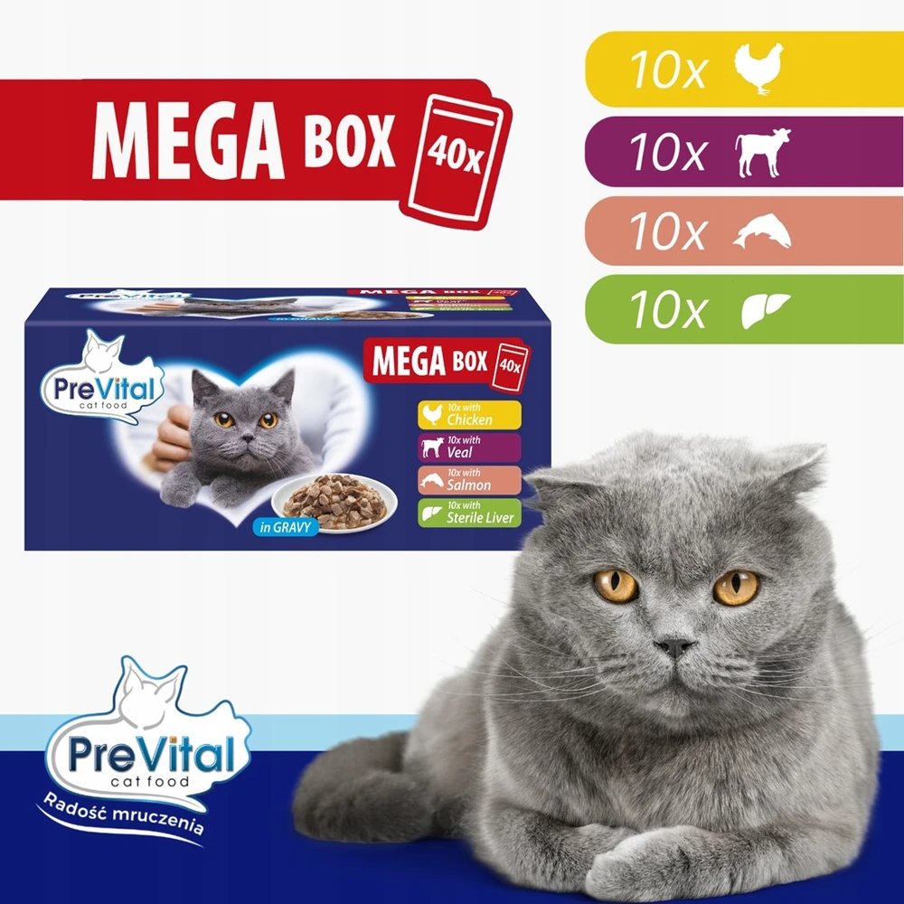 PREVITAL Mega Box Veal, lašiša, liver, vištiena - wet cat food - 40X100g