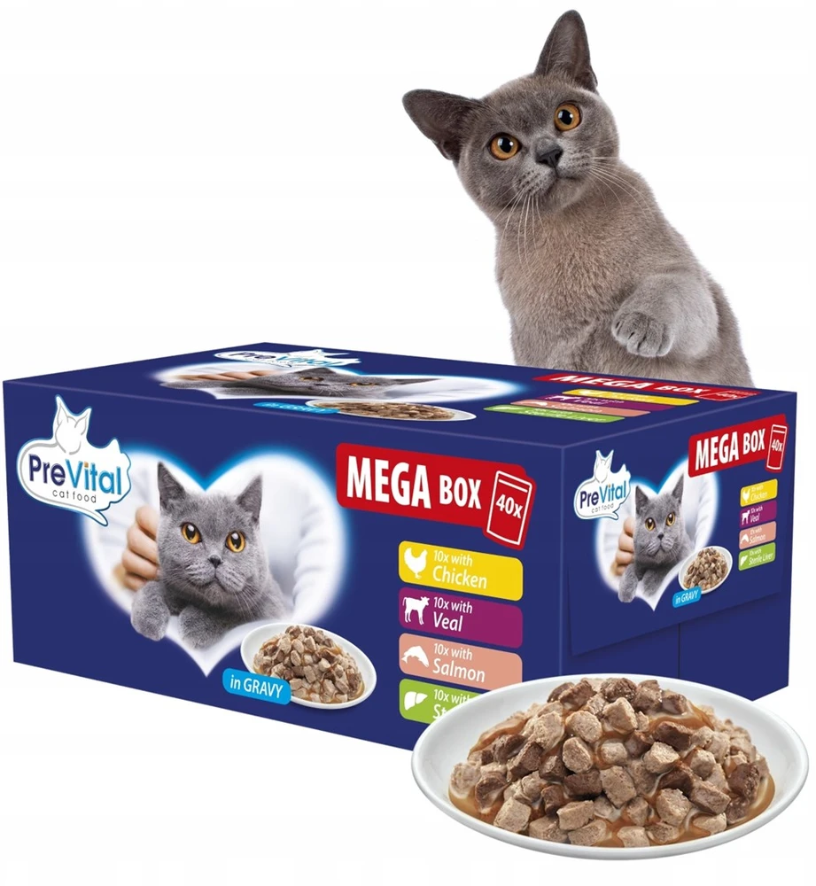 PREVITAL Mega Box Veal, lašiša, liver, vištiena - wet cat food - 40X100g