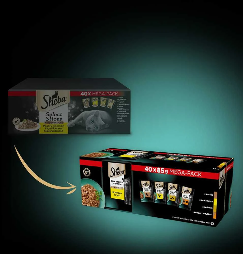 SHEBA Selection atrinkti gabalėliai paukštienos skonio padaže (40x85g) visavertis drėgnas kačių maistas