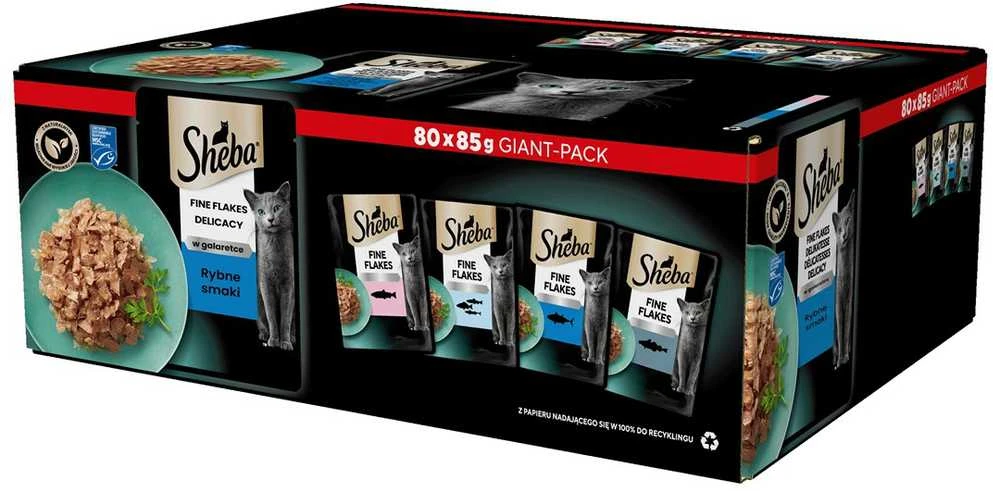SHEBA Maišeliai (80x85g) Žuvies Skoniai Sušalę Maistas Suaugusiems Kačiukams Želė