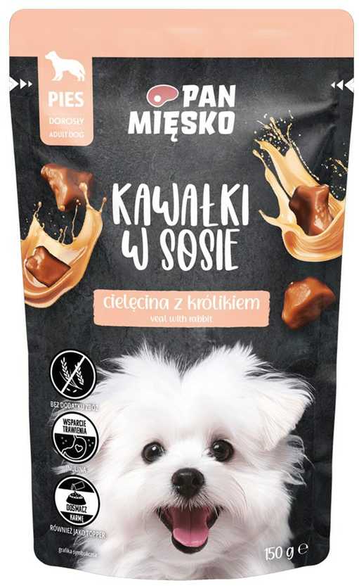 PIECES PAN MIĘSKO Gabaliukai padaže Veršiena su triušiu - šlapias šunų maistas - 150g