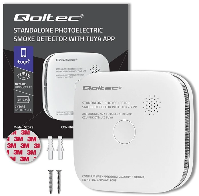 Qoltec 52579 belaidis dūmų detektorius su baterija | Tuya | Wi-Fi | jutiklio tarnavimo laikas 10 metų | signalizacija 85dB | LED