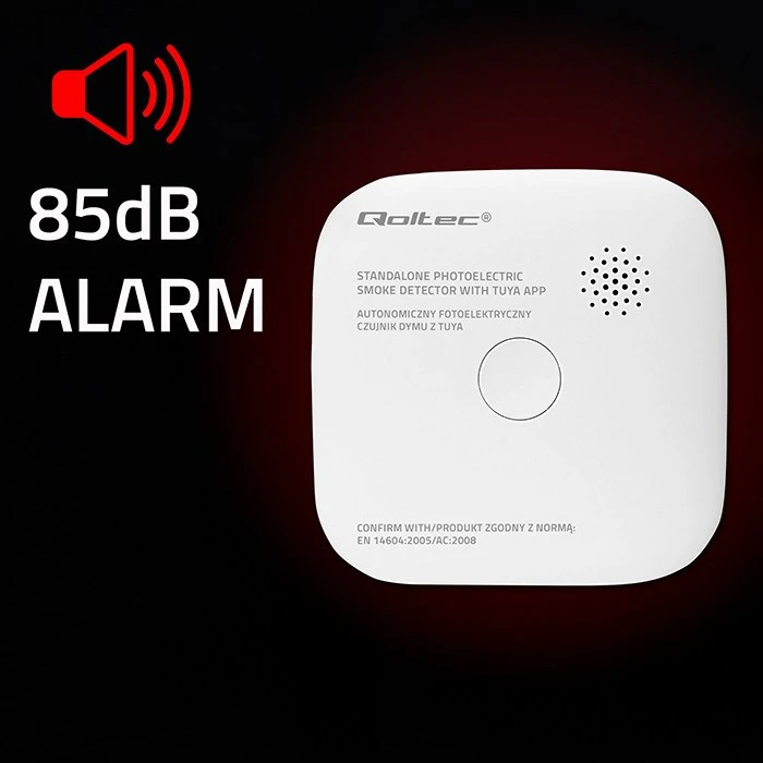 Qoltec 52579 belaidis dūmų detektorius su baterija | Tuya | Wi-Fi | jutiklio tarnavimo laikas 10 metų | signalizacija 85dB | LED