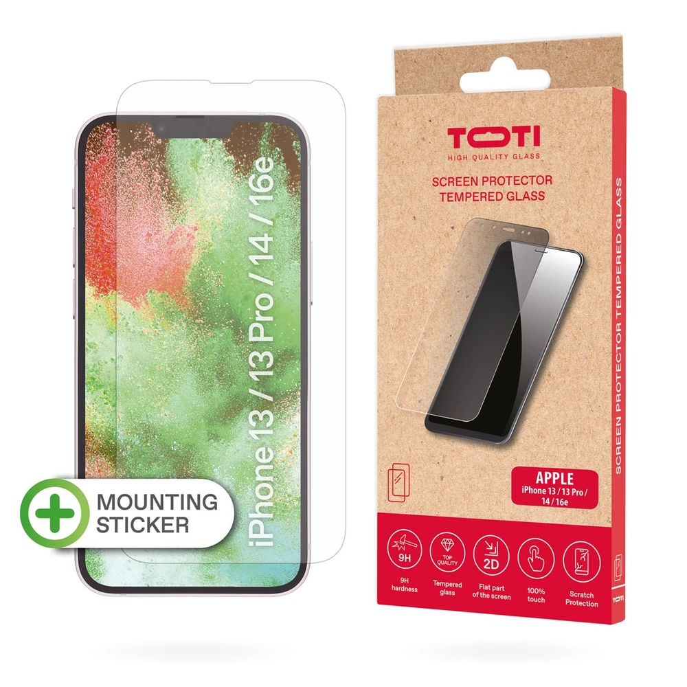 Toti grūdinto stiklo 2D ekrano apsauga, skirta iPhone 13/13 Pro/14/16e, permatoma