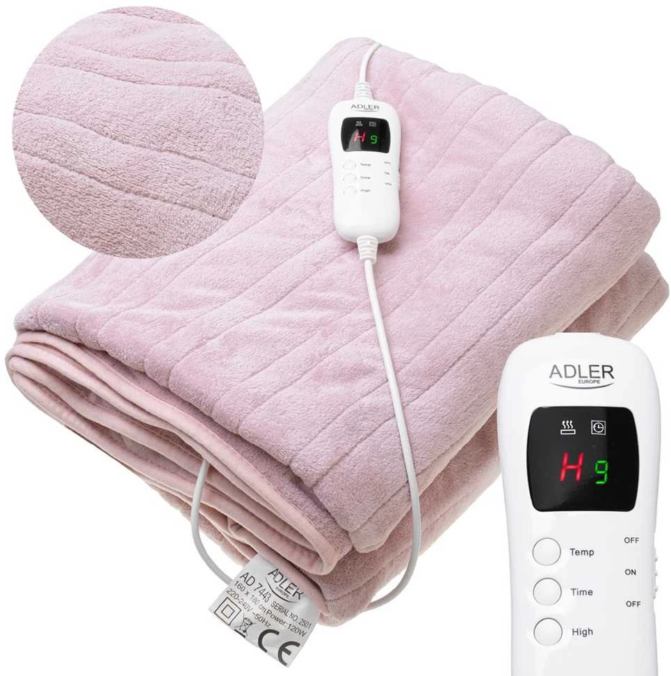 Adler | Elektrinis šildomas užklotas, 160 x 180 cm | AD 7443 | Šildymo lygių skaičius: 7 | Asmenų skaičius: 1 | Nuotolinio valdymo pultas | Labai minkšta dvipusė koralų vilna | 110–120 W