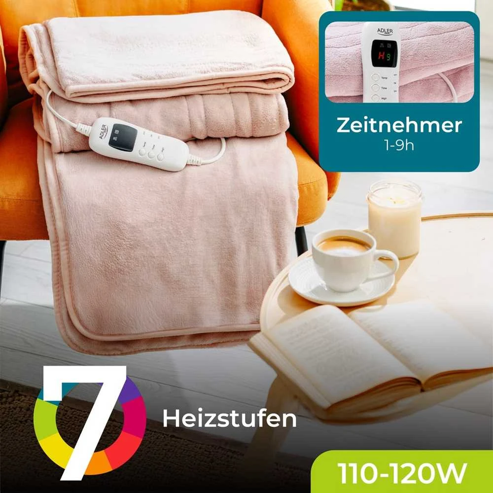 Adler | Elektrinis šildomas užklotas, 160 x 180 cm | AD 7443 | Šildymo lygių skaičius: 7 | Asmenų skaičius: 1 | Nuotolinio valdymo pultas | Labai minkšta dvipusė koralų vilna | 110–120 W