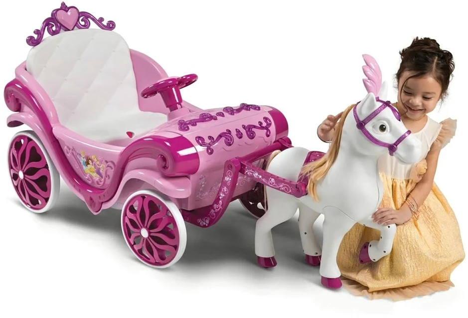 Huffy elektrinė Disney princesės karieta su arkliuku 6 V rožinė