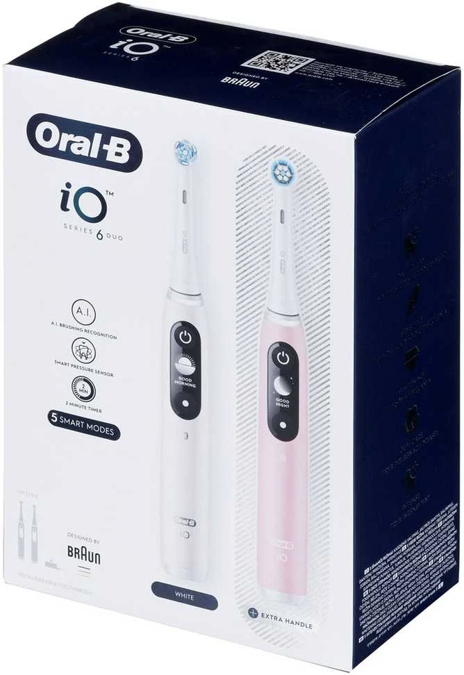 Braun iOM6d.2I6.1 Oral-B iO6 Duo Pack Elektrinis Dantų Šepetėlis Baltas + Rožinė Sand Extra Handle