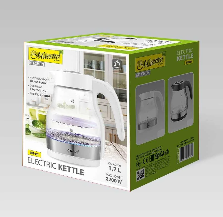Maestro MR061 electric virdulys 1.7 L 2200 W Transparent, Baltas