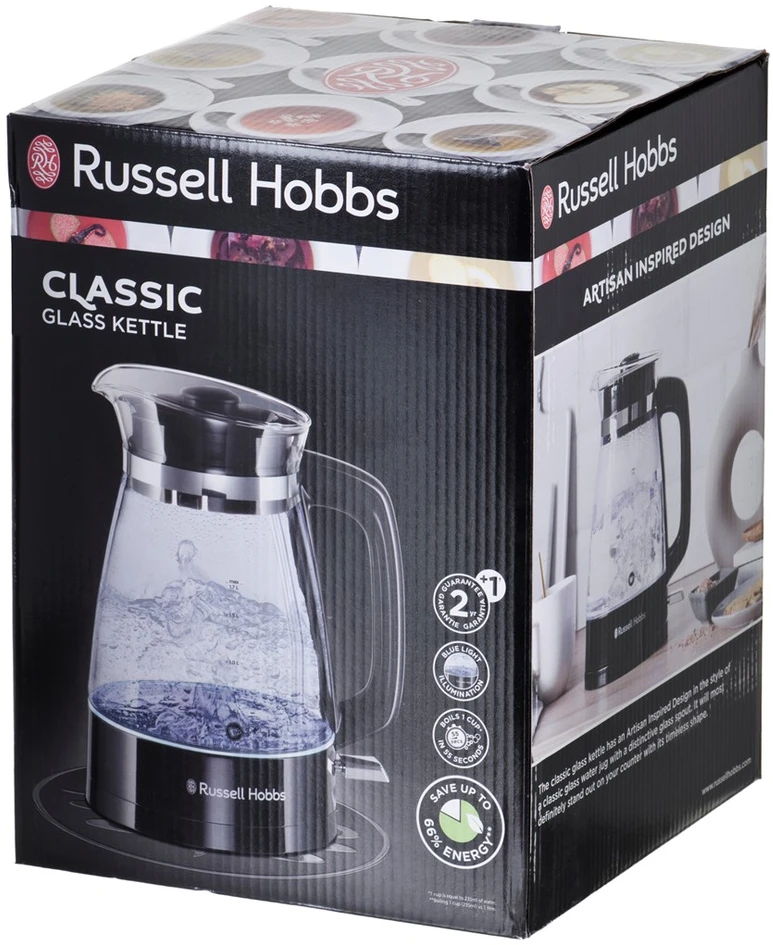 Russell Hobbs Virdulys stiklinis klasikinio dizaino su LED apšvietimu (1,7 l, 2400 W, greito virimo funkcija, optimizuotas stiklinis snapelis, nuimamas dangtis, l
