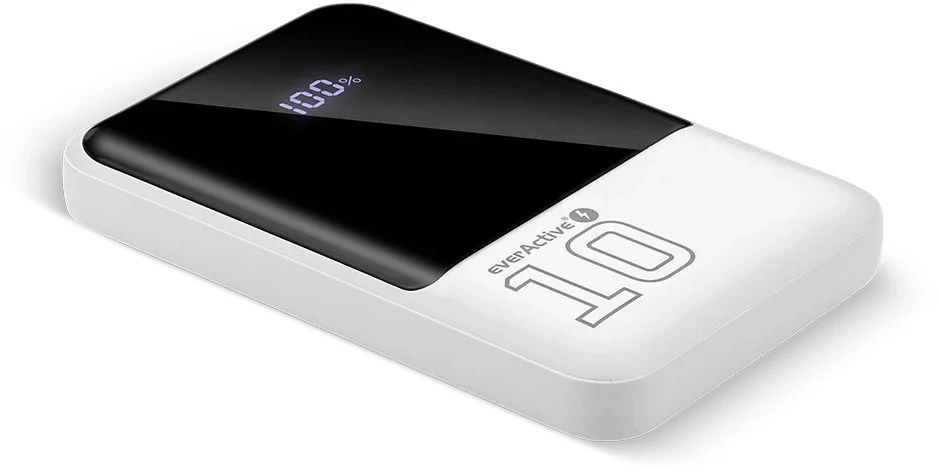 „everactive“ nešiojama įkroviklis 10 000 mAh, 2x USB, 1x USB-C 22,5 W, QC4+, LCD ekranas, baltas
