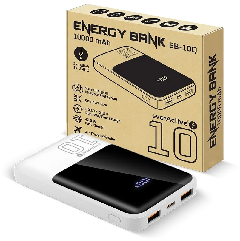 „everactive“ nešiojama įkroviklis 10 000 mAh, 2x USB, 1x USB-C 22,5 W, QC4+, LCD ekranas, baltas