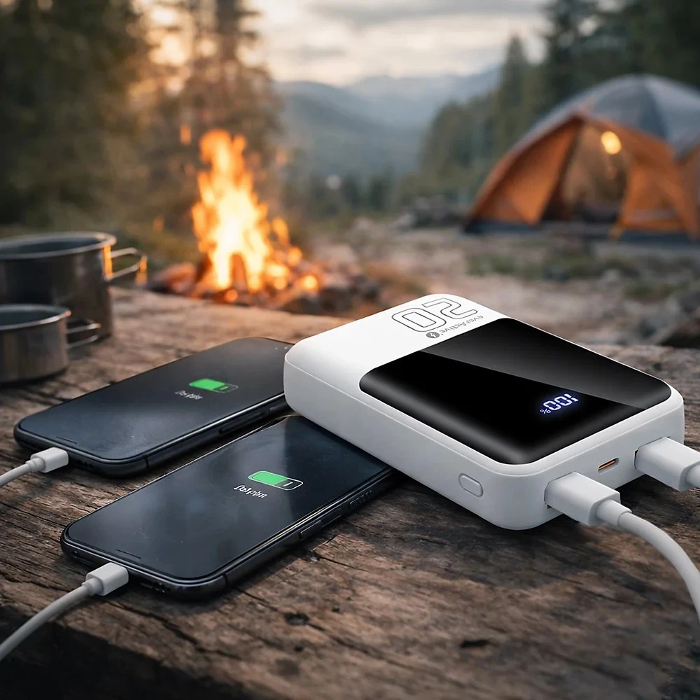 „everactive“ išorinė baterija 20 000 mAh, 2x USB, 1x USB-C 22,5 W, QC4+, LCD ekranas, baltas