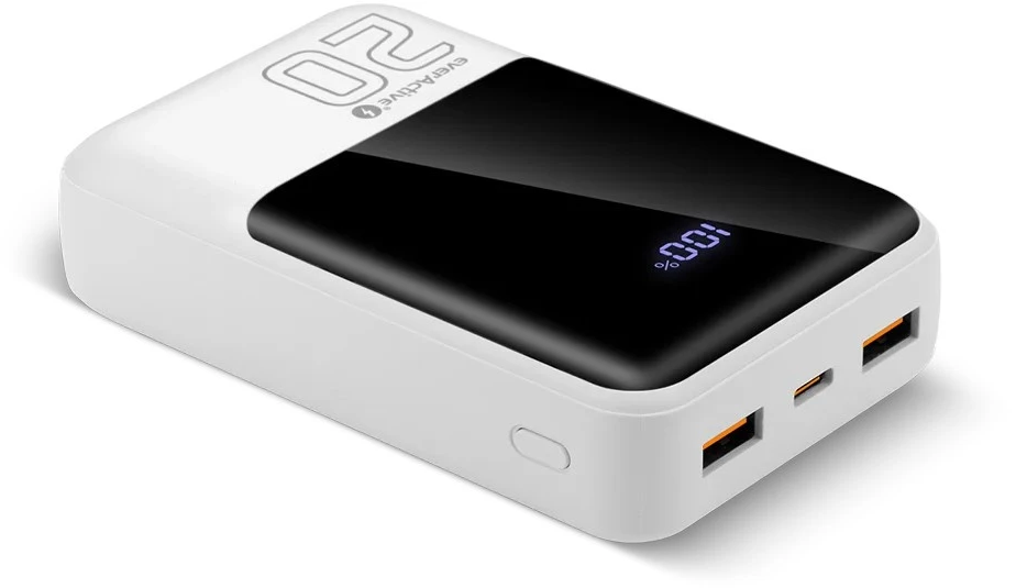 „everactive“ išorinė baterija 20 000 mAh, 2x USB, 1x USB-C 22,5 W, QC4+, LCD ekranas, baltas