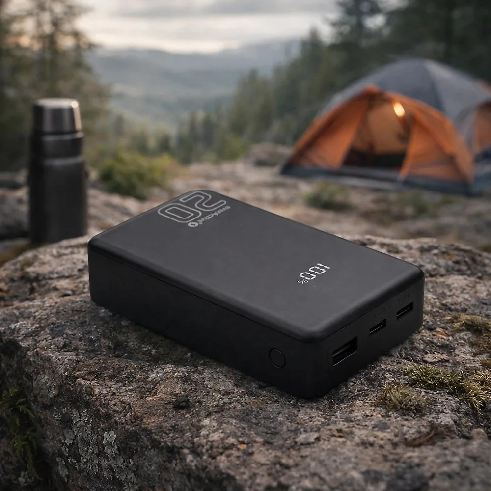 „everactive“ išorinė baterija 20 000 mAh, 1x USB, 2x USB-C, 20 W, QC4+, LCD ekranas, juodas