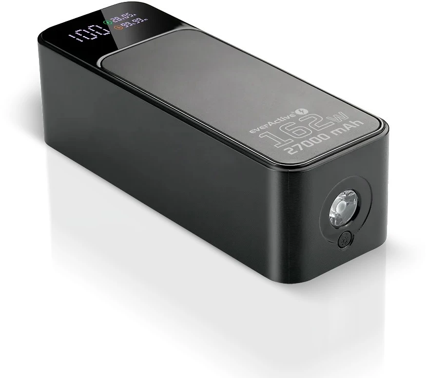 „everactive“ išorinė baterija 27 000 mAh, 1x USB, 2x USB-C, 162,5 W, QC4+, žibintuvėlis, LCD ekranas, juodas