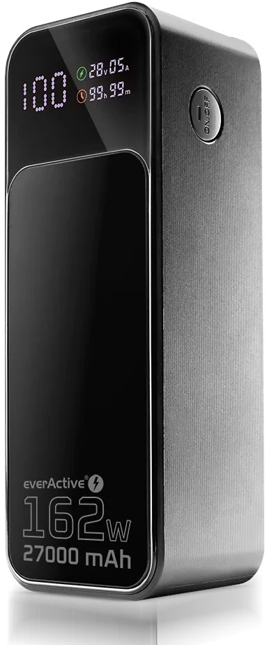 „everactive“ išorinė baterija 27 000 mAh, 1x USB, 2x USB-C, 162,5 W, QC4+, žibintuvėlis, LCD ekranas, juodas