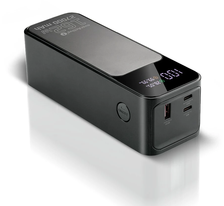 „everactive“ išorinė baterija 27 000 mAh, 1x USB, 2x USB-C, 162,5 W, QC4+, žibintuvėlis, LCD ekranas, juodas