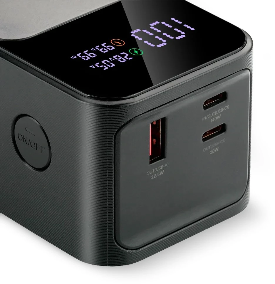 „everactive“ išorinė baterija 27 000 mAh, 1x USB, 2x USB-C, 162,5 W, QC4+, žibintuvėlis, LCD ekranas, juodas