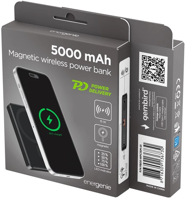 Gembird PB05-WPC15M-01 Magnetic wireless powerbank 15 W, 5000 mAh, juodas