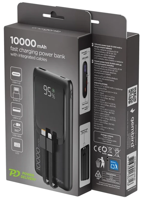Gembird PB10-PD20-LCD-01 greito įkrovimo išorinė baterija su integruotais laidais, 20W, 10000 mAh, juodas