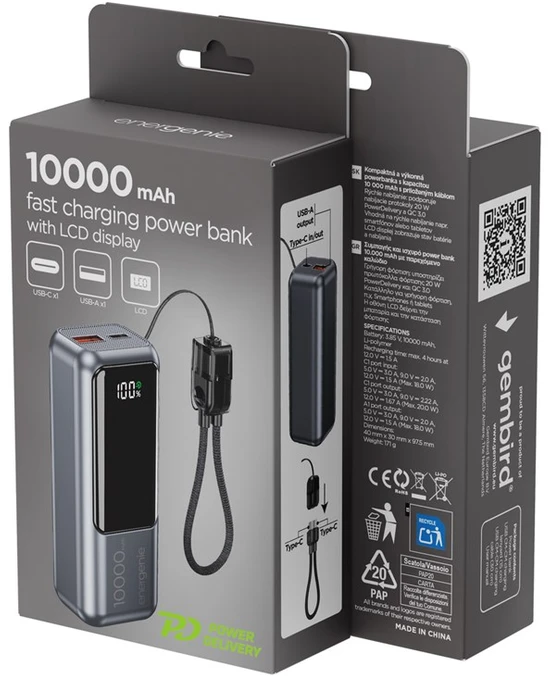 „Gembird PB10-PD20-LCD-02“ kompaktiška greito įkrovimo išorinė baterija su LCD ekranu, 20 W, 10000 mAh, pilkos spalvos