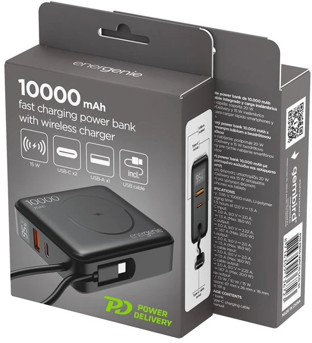 Gembird PB10-WPC15-LCD-01 greito įkrovimo išorinė baterija su belaidžiu įkrovikliu, 20W, 10000 mAh, juodas
