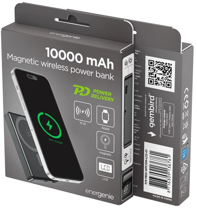 Gembird PB10-WPC15M-LCD-01 magnetinė belaidė išorinė baterija su LCD ekranu, 15W, 10000 mAh, juodas