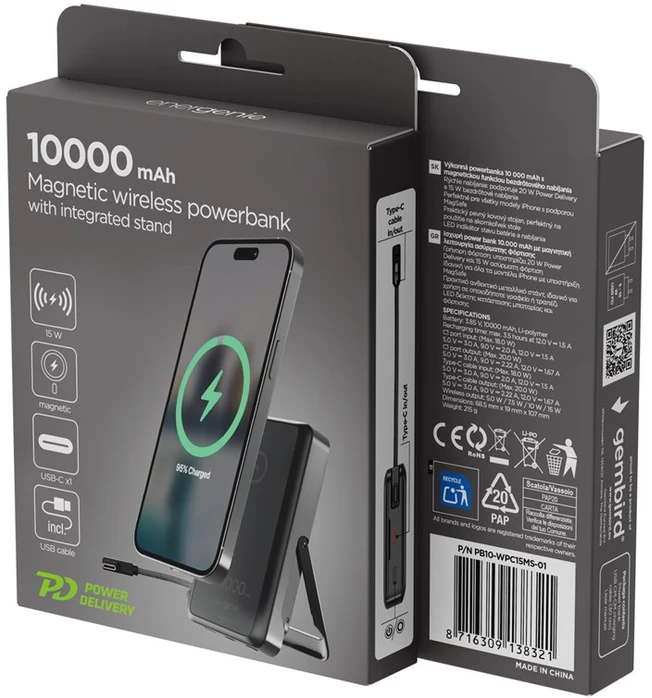 Gembird PB10-WPC15MS-01 magnetinė belaidė išorinė baterija su integruotu stovu, 15 W, 10000 mAh, juodas