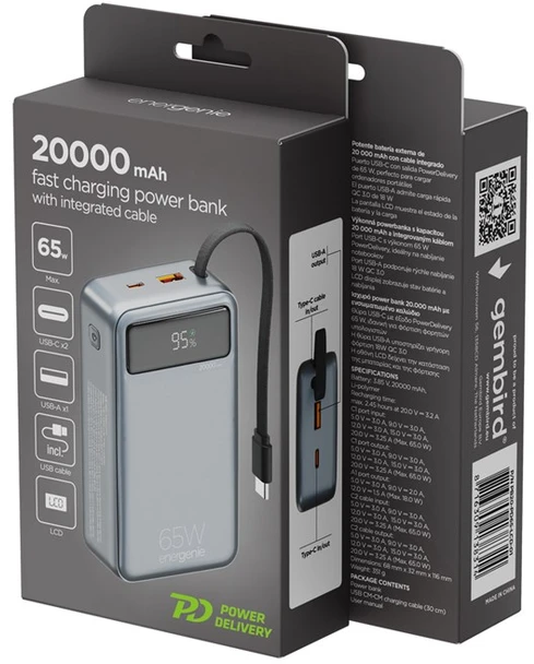 Gembird PB20-PD65-LCD-01 greito įkrovimo išorinė baterija su integruotais laidais, 65W, 20000 mAh, juodas