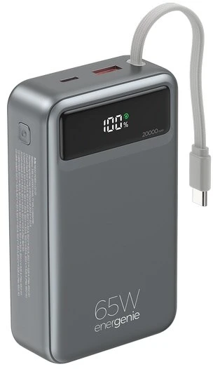 Gembird PB20-PD65-LCD-01 greito įkrovimo išorinė baterija su integruotais laidais, 65W, 20000 mAh, juodas