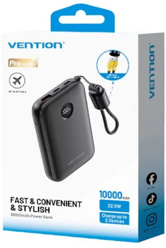 Vention 10000mAh Powerbank 2xUSB-C 1xUSB-A 22.5W, juodas