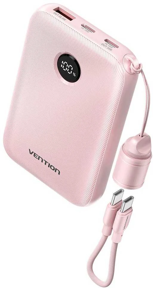 „Vention“ 10000mAh išorinė baterija, 2xUSB-C, 1xUSB-A, 22,5 W, rožinė