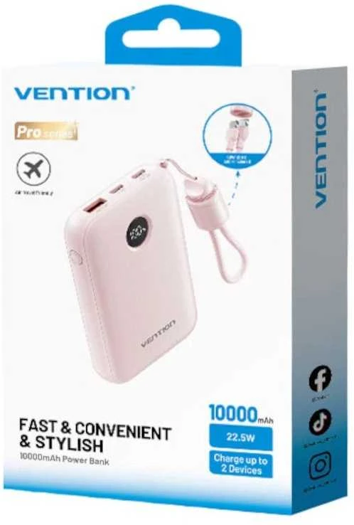 „Vention“ 10000mAh išorinė baterija, 2xUSB-C, 1xUSB-A, 22,5 W, rožinė
