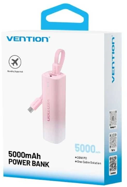 Powerbank 5000mAh Vention FHWR0 20W + USB-C prie žaibo kabelio (rožinis)